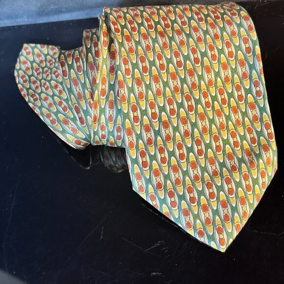 Claude Montana Silk Tie Retro Mid Century Modern Orange Olive Green Bowling Pin - Picture 3 of 6